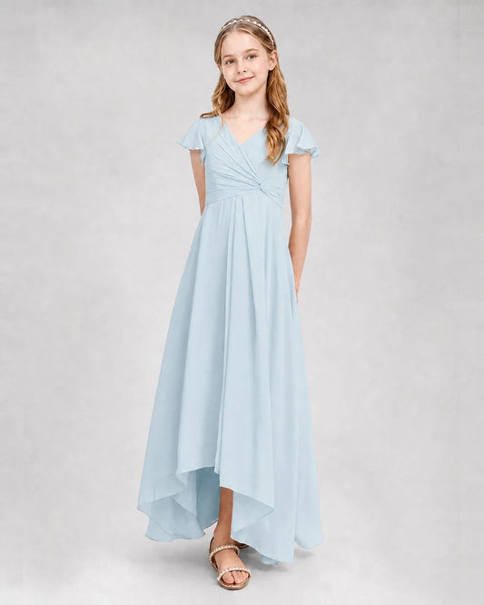 Elegant A-Line V-Neck Flutter Sleeve Zipper Back High-Low Junior Bridesmaid Dress