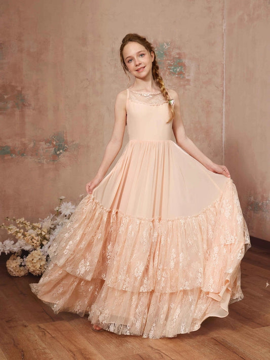 Bohemian A?Line Illusion Neck Sleeveless Tie?Back Floor?Length Junior Bridesmaid Dress