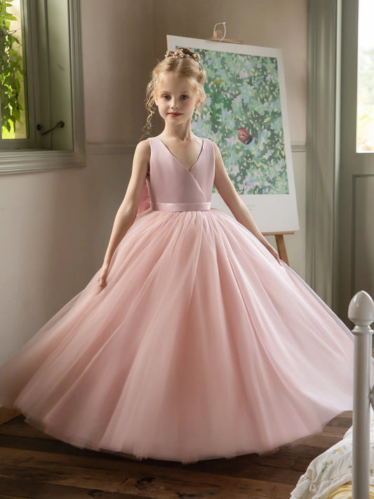 Elegant Ball Gown V-Neck Sleeveless Bow Back Floor-Length Flower Girl Dress