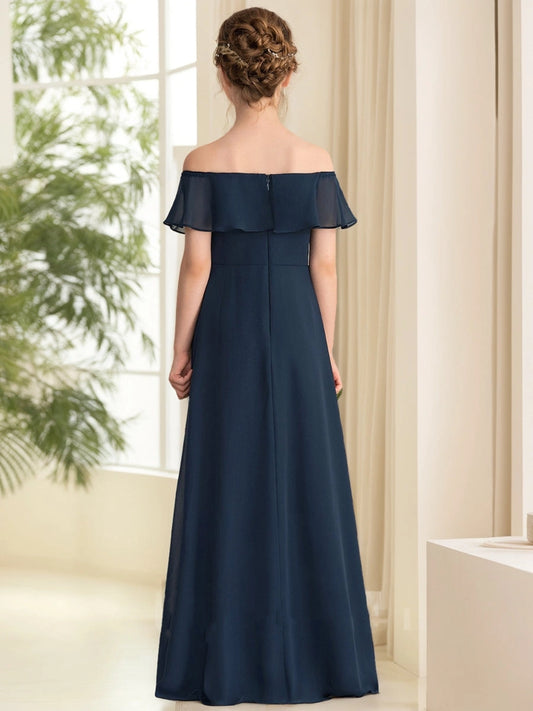 Elegant A?Line Off?The?Shoulder Flutter Sleeve Zipper?Back Maxi Junior Bridesmaid Dress