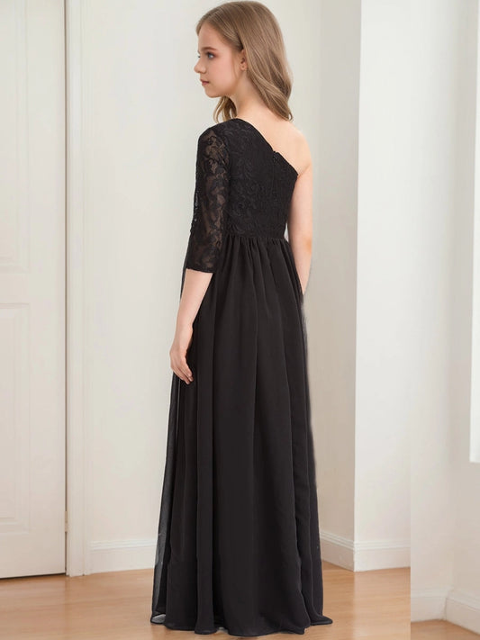 Elegant A?Line One?Shoulder One 3/4 Sleeve Zipper?Back Floor?Length Junior Bridesmaid Dress