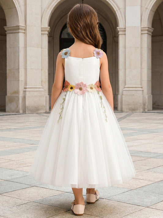Romantic A?Line Square?Neck Sleeveless Zipper?Back Midi?Length Flower Girl dress