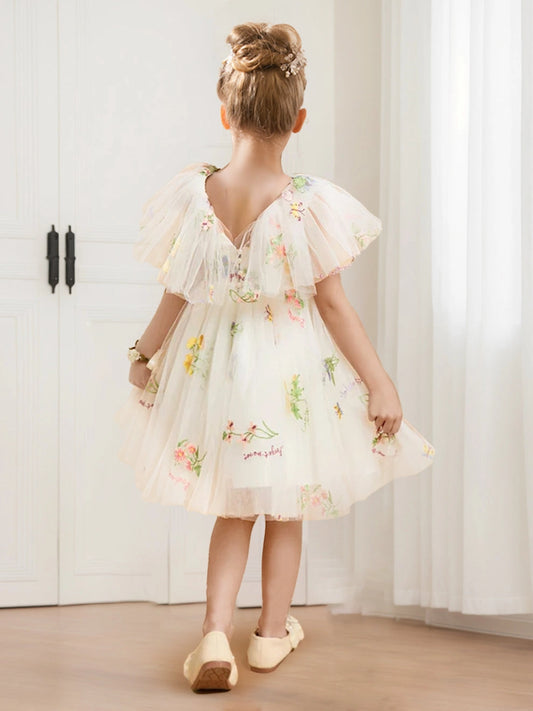 Whimsical A Line V Neck Flutter Sleeve V Back Knee Length Flower Girl Dress
