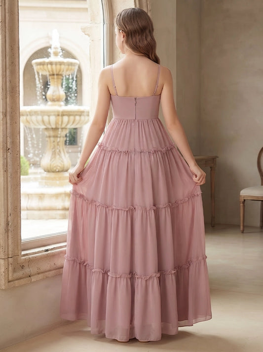 Dusty Pink A?Line Spaghetti Straps Sleeveless Zipper?Back Maxi Junior Bridesmaid Dress