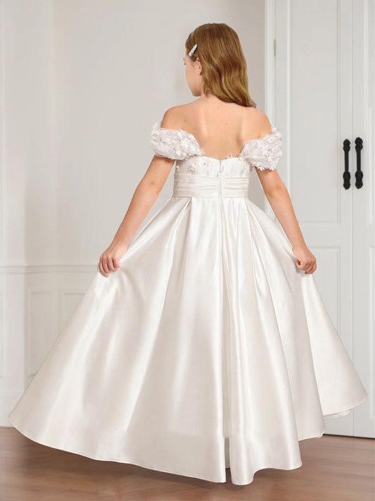 Elegant A Line Off Shoulder Floral Sleeve Open Back Communion Dress