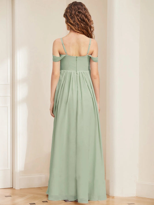 Elegant A?Line Square Cold?Shoulder Zipper?Back Maxi Junior Bridesmaid Dress