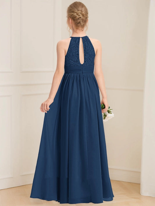 Elegant A?Line Halter Sleeveless Keyhole Back Floor?Length Junior Bridesmaid Dress