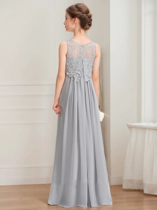 Elegant A?Line Illusion Neck Sleeveless V?Back Floor?Length Junior Bridesmaid Dress