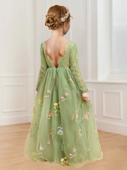 Enchanting A Line Round Neck Long Sleeve V Back Floor Length Flower Girl Dress