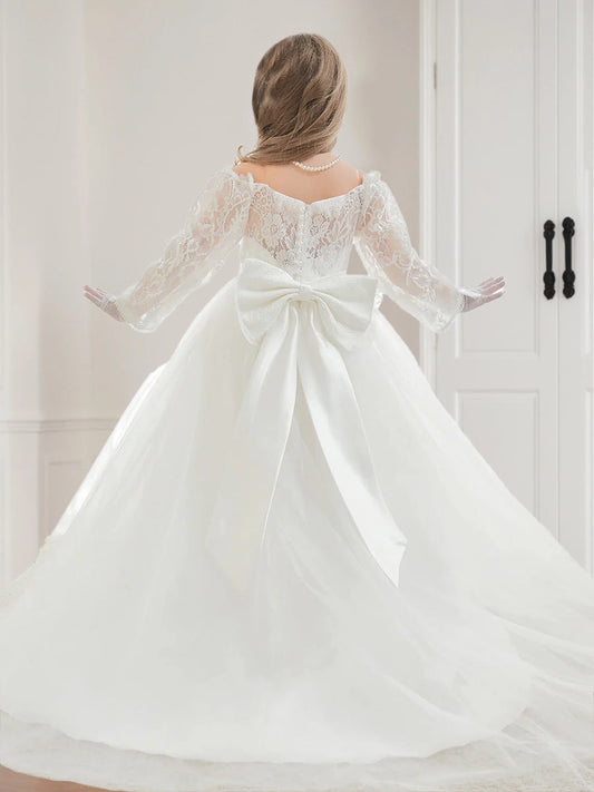 Elegant Ball Gown Illusion Neck Long Sleeve Bow Back Communion Dress