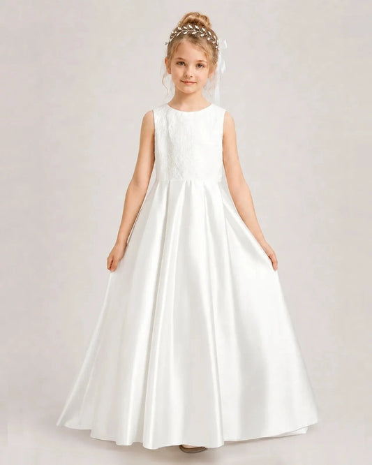 Elegant A Line Round Neck Sleeveless V Back Floor Length Flower Girl Dress