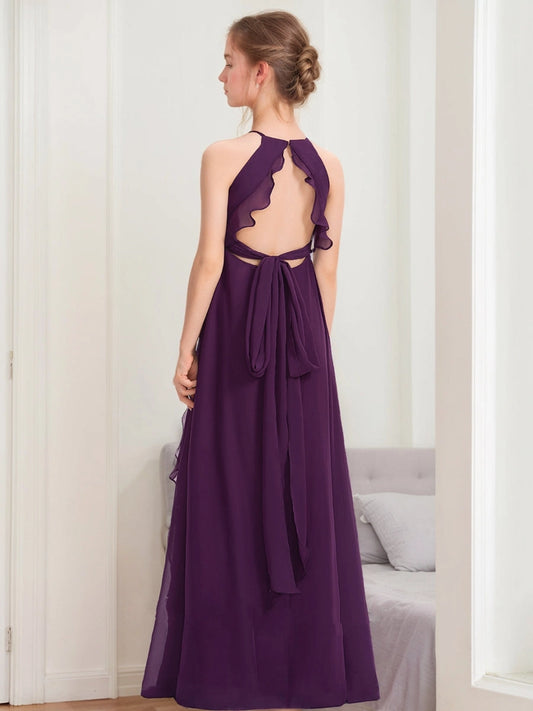 Heowos Halter Open Back Junior Bridesmaid Dress Chiffon Floor Length Gown
