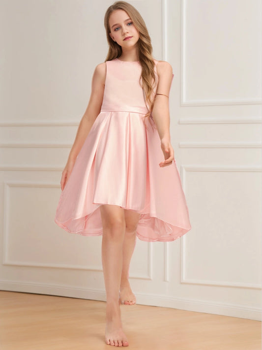 Elegant A?Line Round Neck Sleeveless Cutout Bow Back Hi?Lo Junior Bridesmaid Dress