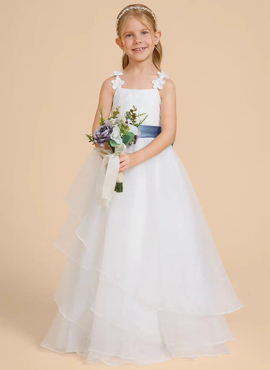 Elegant A Line Square Neck Sleeveless Bow Back Floor Length Flower Girl Dress
