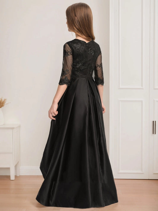 Elegant A?Line Round Neck 3/4 Sleeve Zipper?Back High?Low Flower Girl Dress For Formal Events