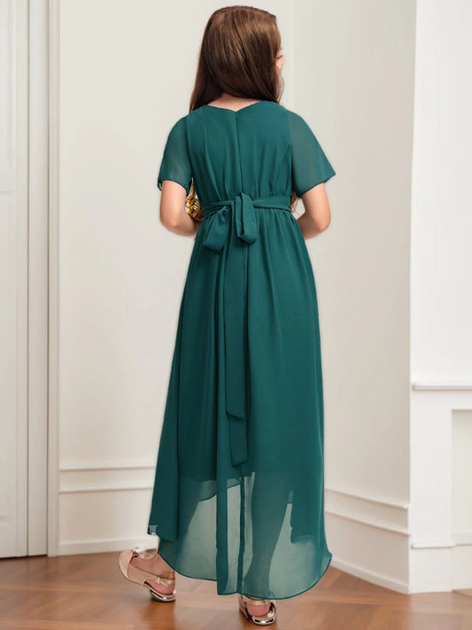 Elegant A?Line Round Neck Short Sleeve Zipper Bow Hi?Lo Junior Bridesmaid Dress