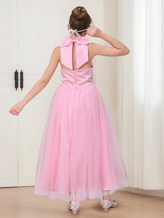 Elegant A Line Beaded Halter Sleeveless Bow Back Long Flower Girl Dress