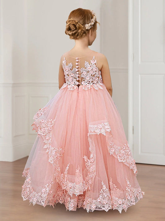 Romantic Ball Gown Round Neck Sleeveless Illusion Back Flower Girl Dress