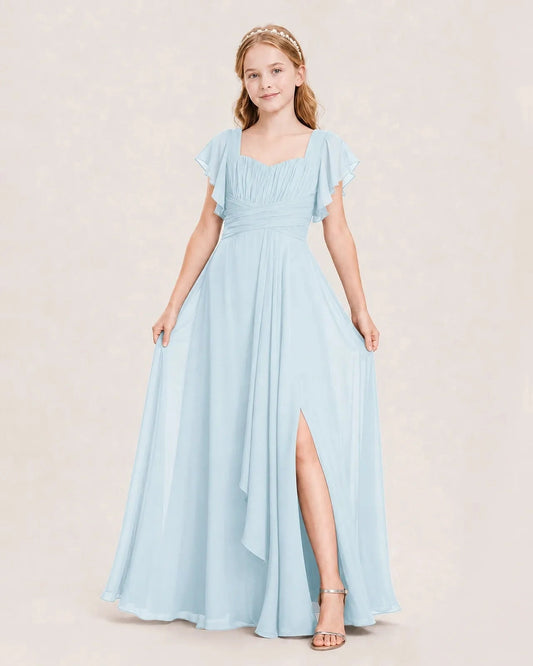 Elegant A Line Square Neck Flutter Sleeve Tie Back Floor Length Bridesmaid Dress
