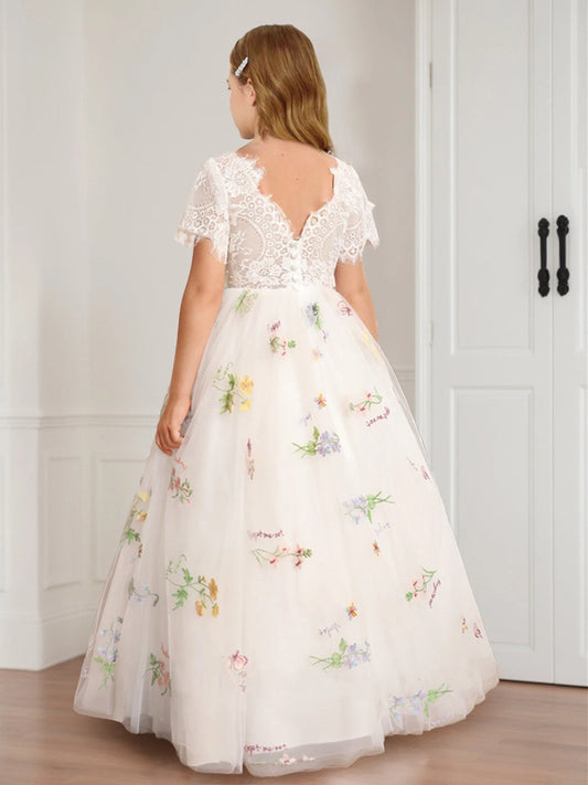 Romantic A Line Round Neck Lace Sleeve V Back Floor Length Flower Girl Dress