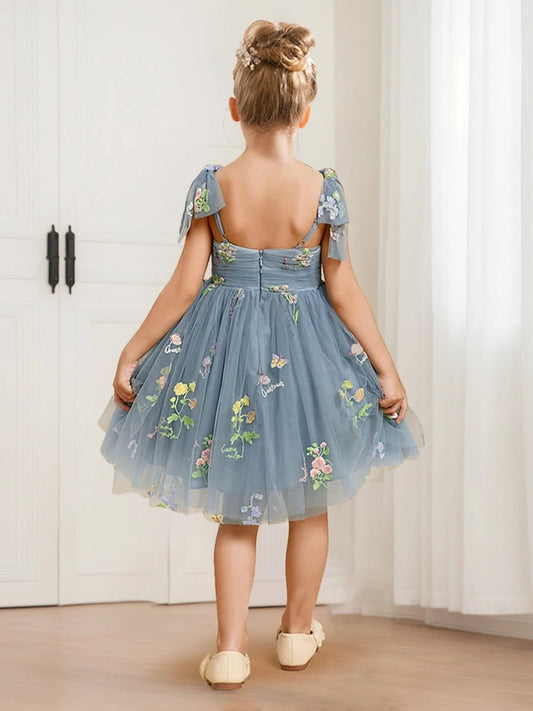 Romantic A Line Square Neck Bow Sleeve Low Back Knee Length Party Dress