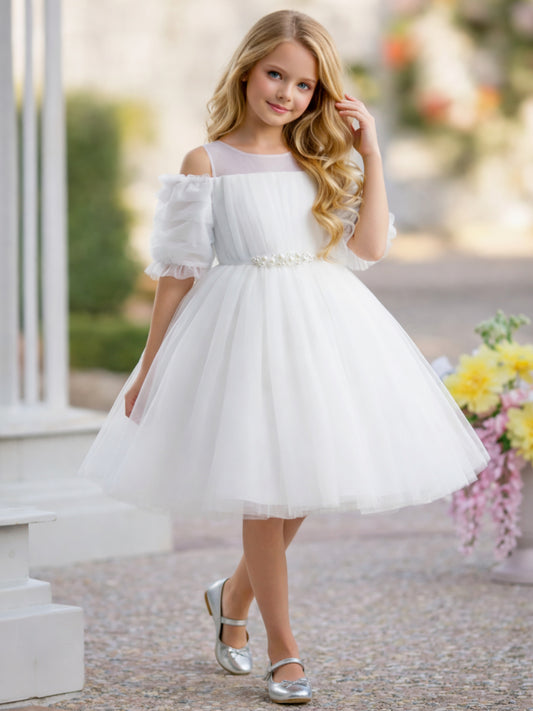 Elegant A-Line Square Neck Ruffle Sleeve Zip Back Flower Girl Dress