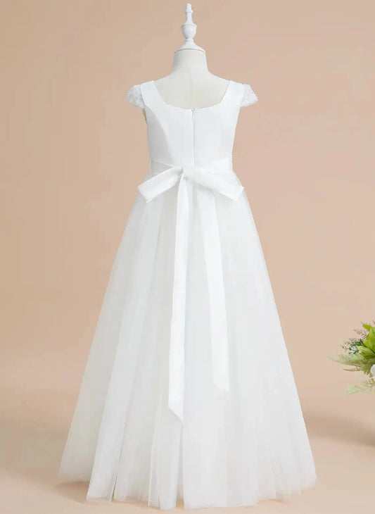 Elegant A Line Sweetheart Cap Sleeve Bow Back Floor Length Communion Dress