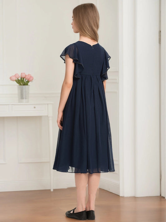 Elegant A?Line Round Neck Flutter Sleeve Zipper Back Midi Junior Bridesmaid Dress >
