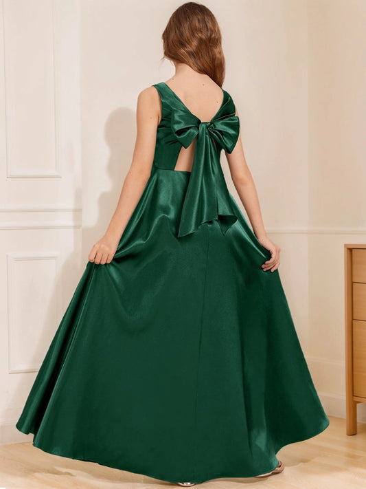 Elegant A?Line Boat Neck Sleeveless Bow Cutout Back Floor?Length Junior Bridesmaid Dress