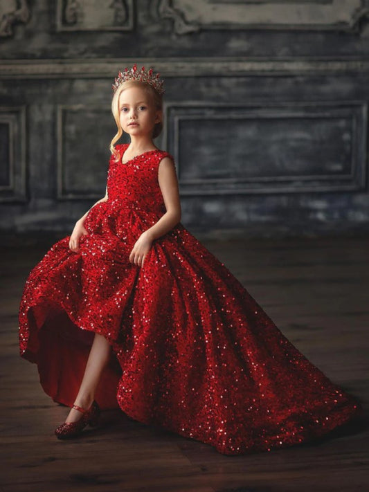 Glamorous Ball Gown V-Neck Sleeveless Full Back Court Train Pageant Dresses