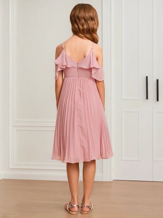 Dusty Pink A?Line Cold Shoulder Off Shoulder Ruffle Sleeves V?Back Midi Junior Bridesmaid Dress >
