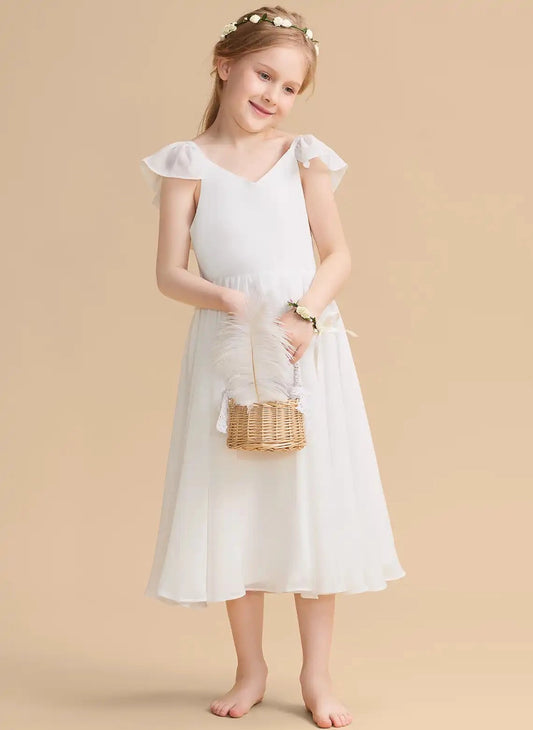Elegant A Line V Neck Flutter Sleeve V Back Tea Length Flower Girl Dress