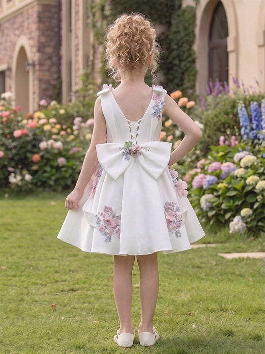 Romantic A-Line Square Neck Sleeveless Lace-Up Knee-Length Flower Girl Dress
