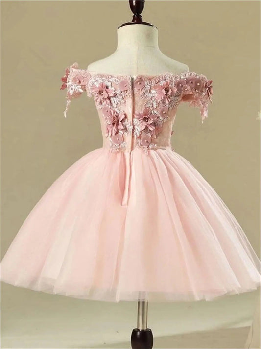 Romantic A-Line Off-Shoulder Floral Lace Zip Back Flower Girl Dress