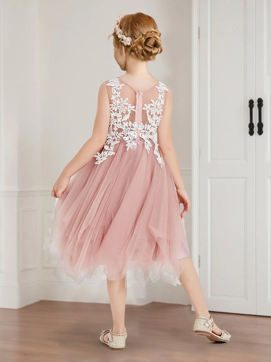 Romantic A Line Round Neck Sleeveless Sheer Back Midi Party Dress