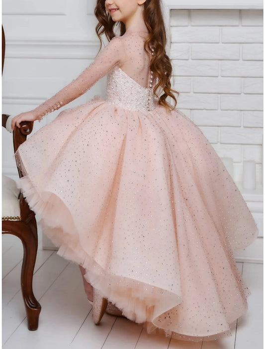 Glamorous A?Line Sweetheart Long?Sleeve Illusion?Back High?Low Flower Girl Dress