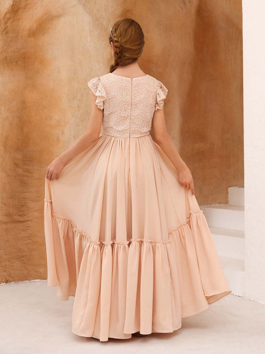 Elegant A?Line High Neck Flutter Sleeve Zipper?Back Floor?Length Junior Bridesmaid Dress