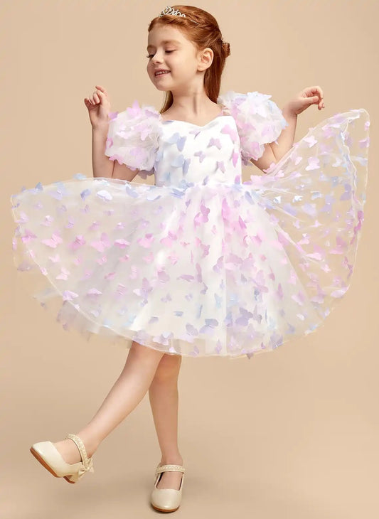 Whimsical Ball Gown Sweetheart Puff Sleeve Bow Knee Length Girls Dress