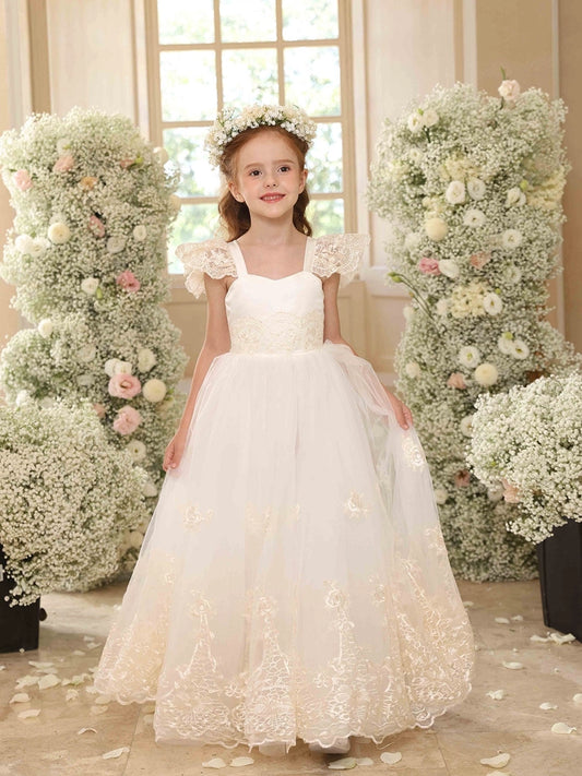 Elegant A-Line Square Neck Lace Sleeve Bow Back Flower Girl Dress