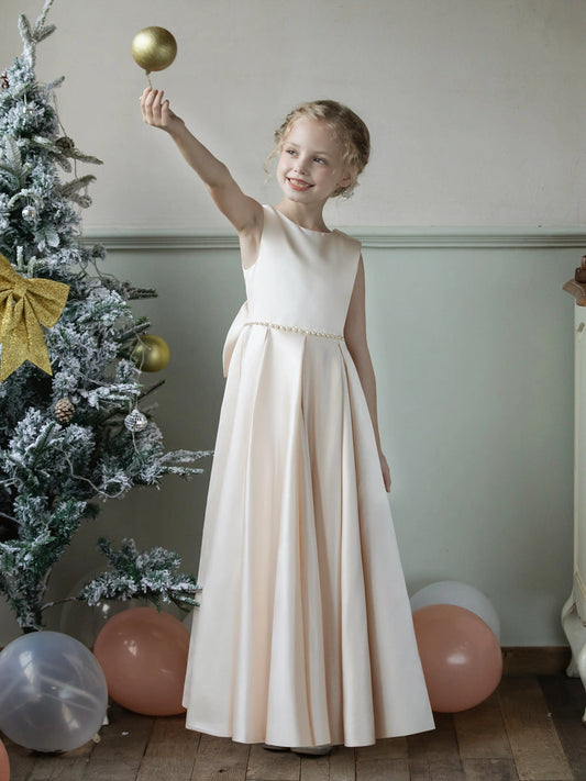Elegant A-Line Round Neck Sleeveless V-Back Maxi Flower Girl Dress