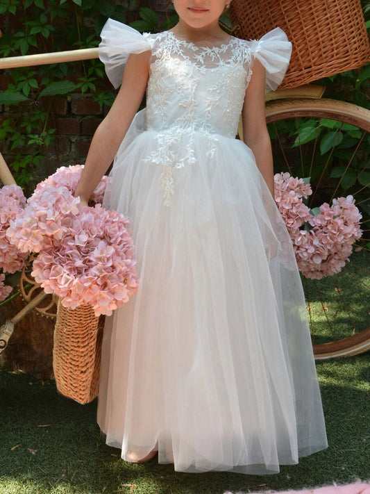 Romantic A?Line Illusion?Neck Flutter?Sleeve V?Back Train?Length Flower Girl dress