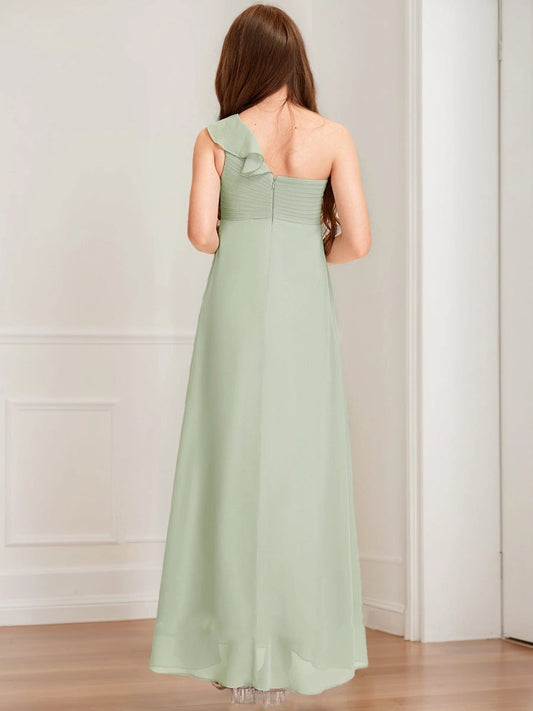 Elegant A?Line One?Shoulder Sleeveless Zipper?Back Floor?Length Junior Bridesmaid Dress