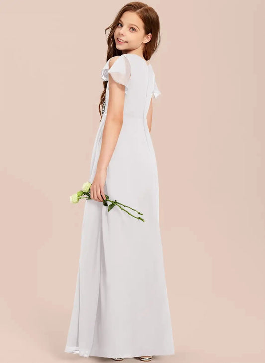 Elegant A-Line High Neck Flutter Sleeve Zip Back Maxi Junior Bridesmaid Dress