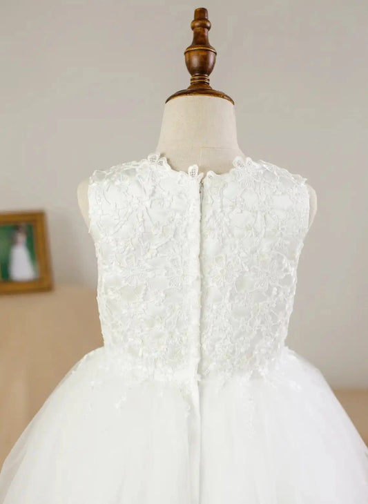 Elegant A-Line Illusion Neck Sleeveless Zipper Back Tea-Length Flower Girl Dress