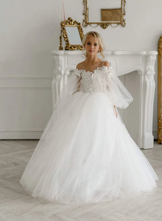 Gorgeous A?Line Off?Shoulder Tulle?Sleeve Lace?Back Floor?Length Flower Girl dress