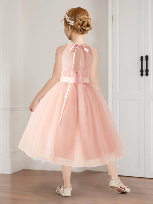 Elegant A Line Pearl Halter Sleeveless Keyhole Back Tea Length Flower Girl Dress