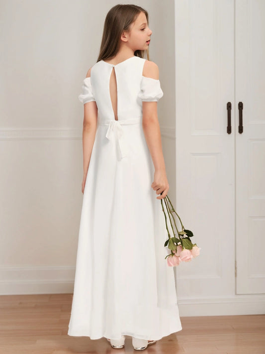 Elegant A?Line Round Neck Cold Shoulder Keyhole Back Floor?Length Junior Bridesmaid Dress