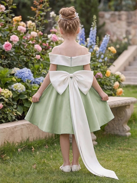 Elegant A-Line Off-Shoulder Sleeveless Bow Back Knee-Length Flower Girl Dress