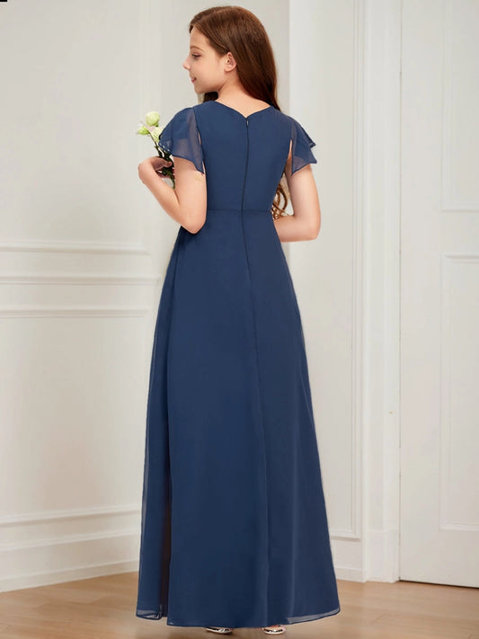 Elegant A?Line Round Neck Flutter Sleeve V?Back Floor?Length Junior Bridesmaid Dress
