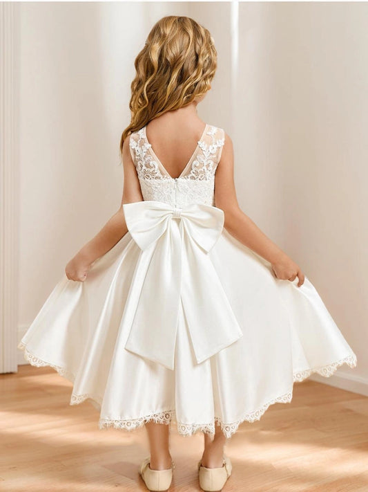 Elegant A-Line Illusion Neck Sleeveless V-Back Tea-Length Flower Girl Dress